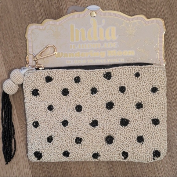 Wandering Moon Handbags - Handmade India Beaded Pouch Cream Black Polka Dot Travel Bag
